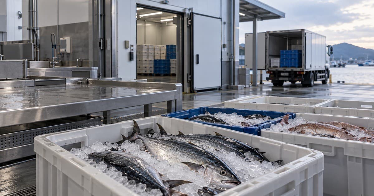 Illustrative fish crates on ice and stainless steel equipment at a modern seafood distribution facility