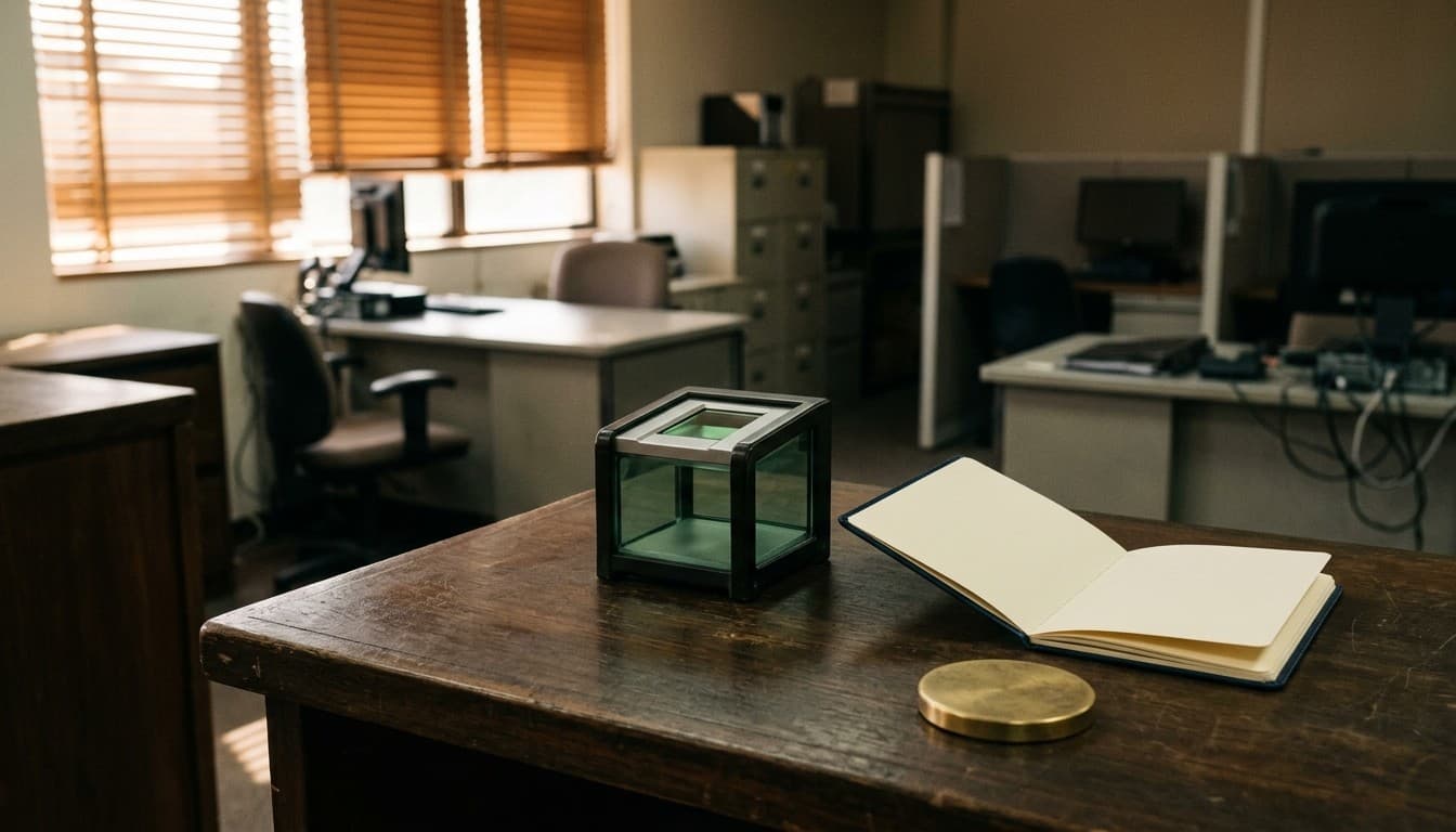 Editorial 35mm photograph of an optical fingerprint scanning prism, blank passport, and brass token in an empty office