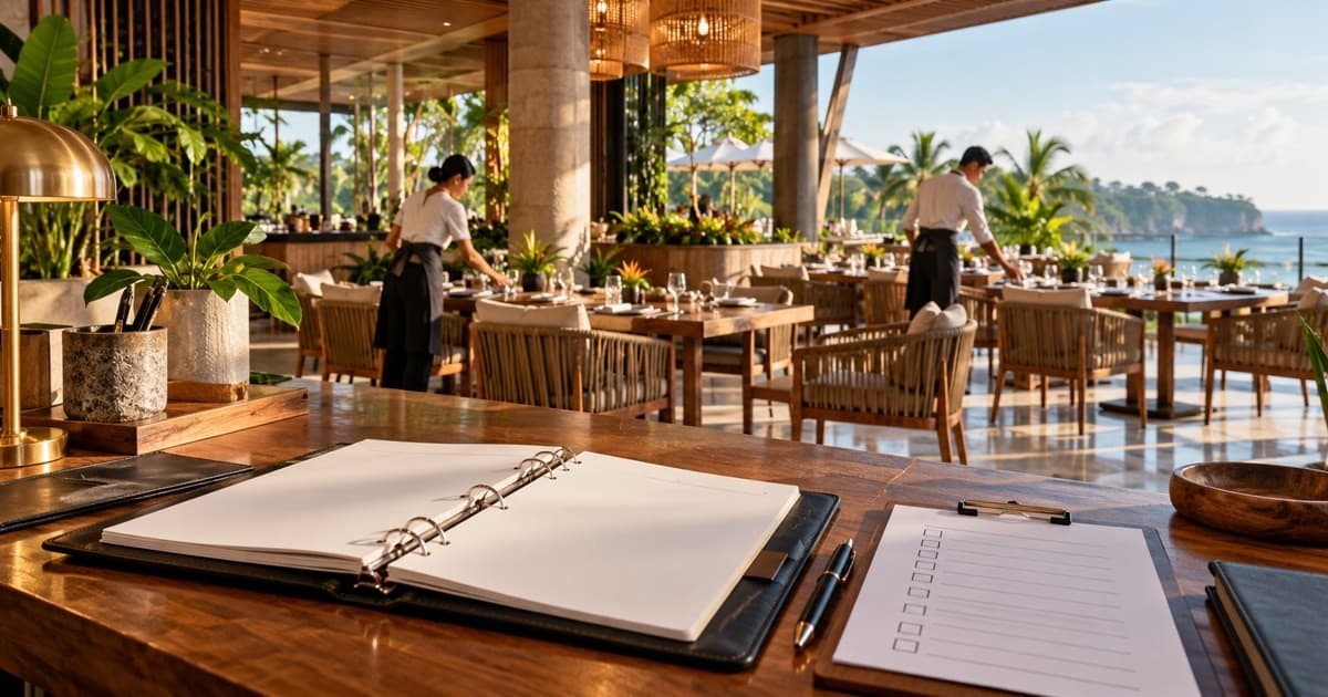 Editorial illustration of a staffing binder in a modern Bali restaurant before service.