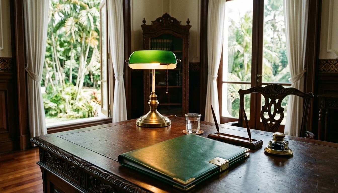 An official mahogany investment desk with a green-shaded brass lamp and leather dossier in an administrative chamber.
