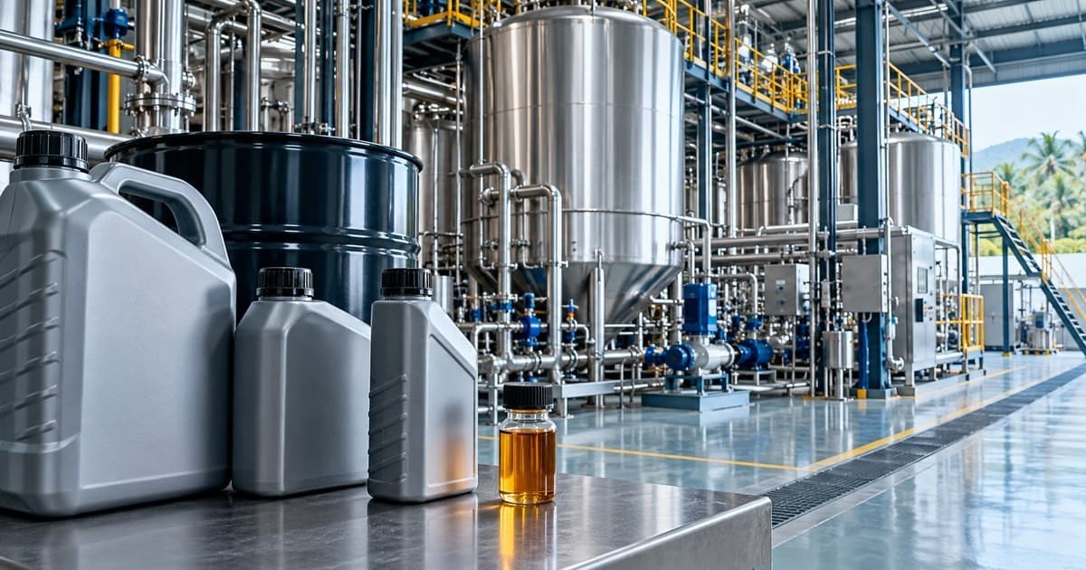 Editorial illustration of stainless steel lubricant tanks, unbranded containers and an amber oil sample.