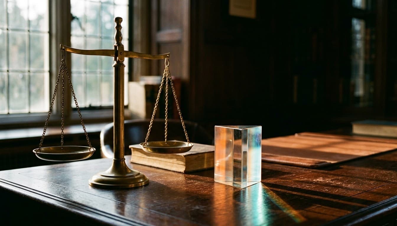 Editorial photograph of a brass balance scale beside an optical glass prism on a dark wood executive desk