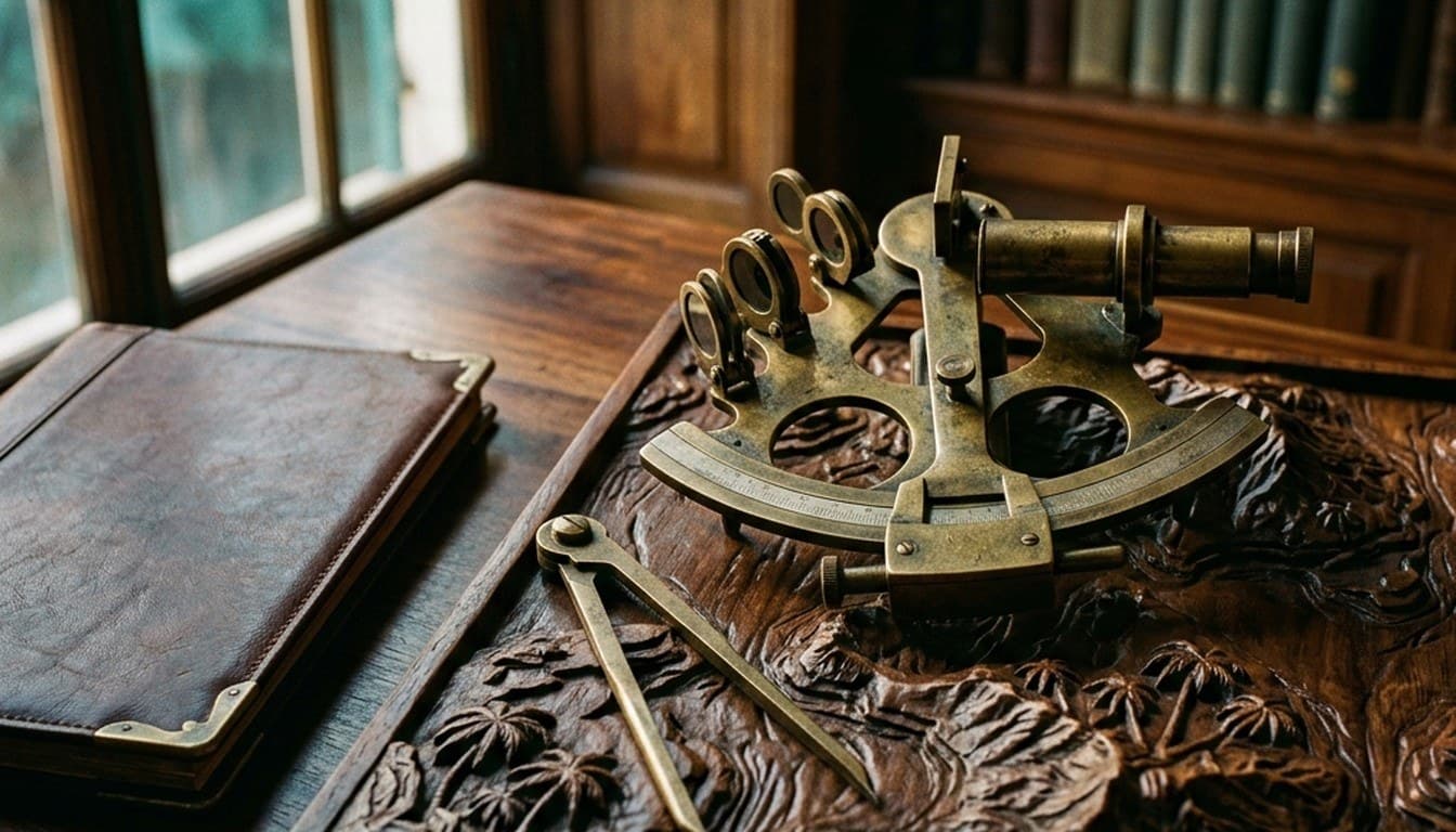 A solid brass sextant and drafting calipers resting on a hand-carved wood island relief map beside a leather folio.
