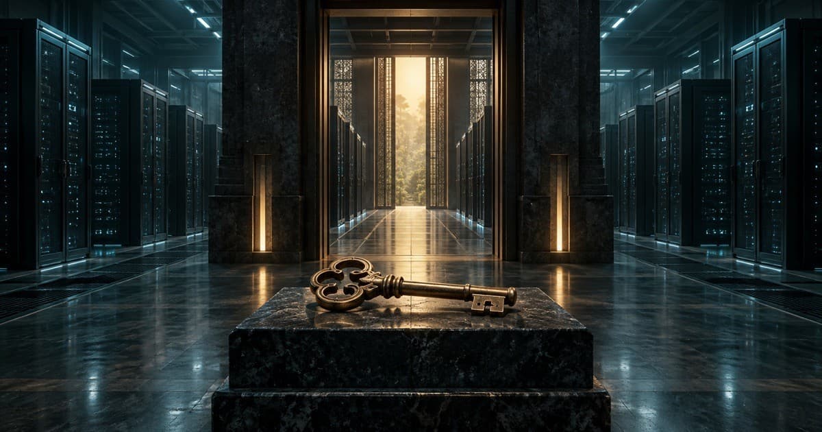 AI editorial illustration of a brass key suspended in a teal server corridor with warm amber light.