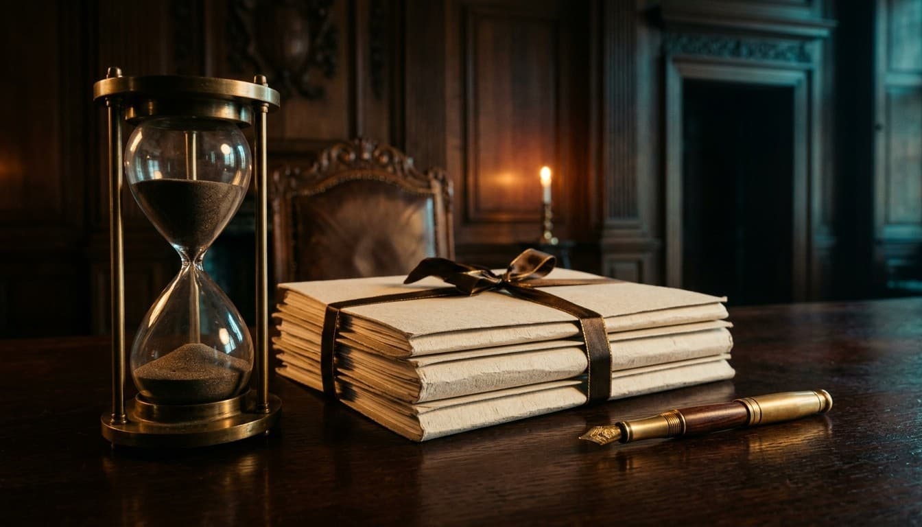 Cinematic photograph of a brass hourglass with dark sand beside ribbon-tied dossiers and a fountain pen on mahogany