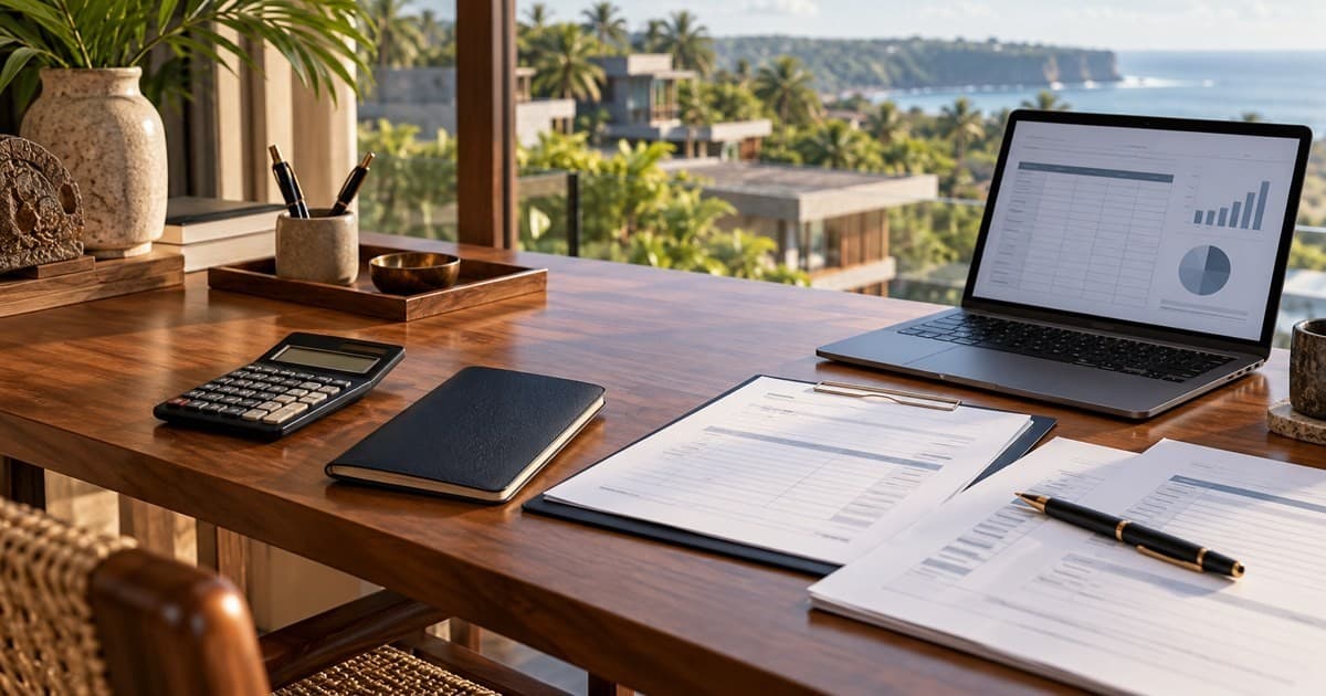 Editorial illustration of a calculator, neutral passport and organised tax paperwork in a contemporary Bali office.