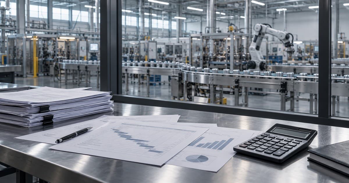 Illustrative paperwork and calculator overlooking a modern factory production line
