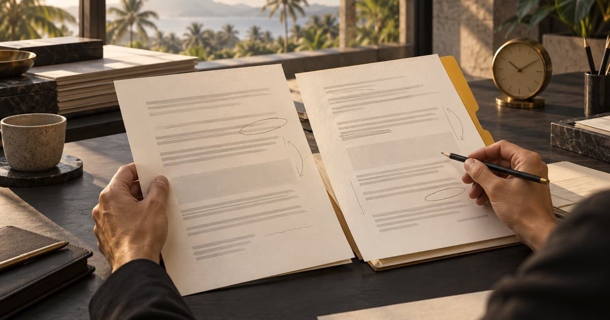 Editorial illustration of hands reviewing tax documents beside a desk clock in a tropical office.