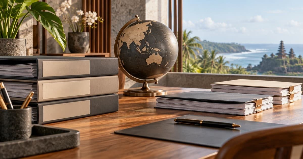 Organised document folders and an unlabelled globe on a contemporary Bali office desk