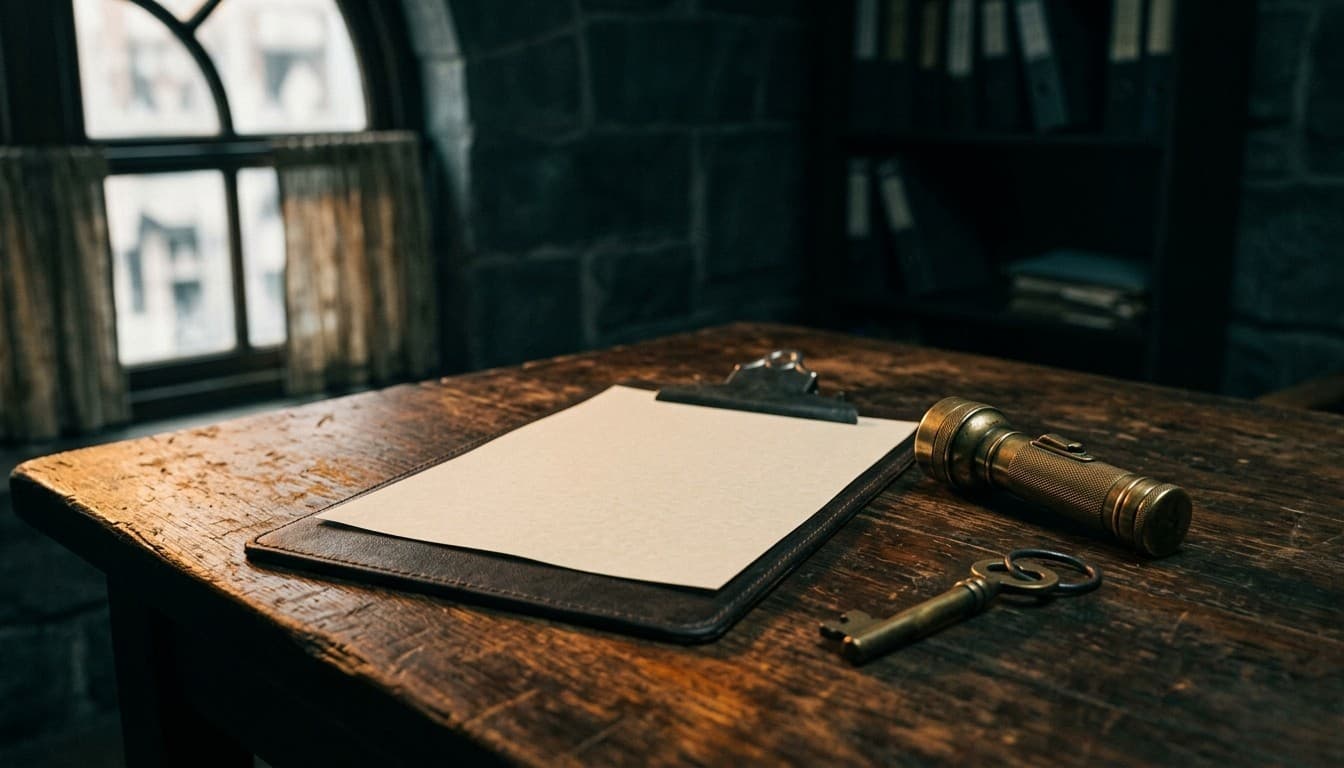 Editorial 35mm photograph of an immigration inspection desk with blank clipboard, brass flashlight, and brass key