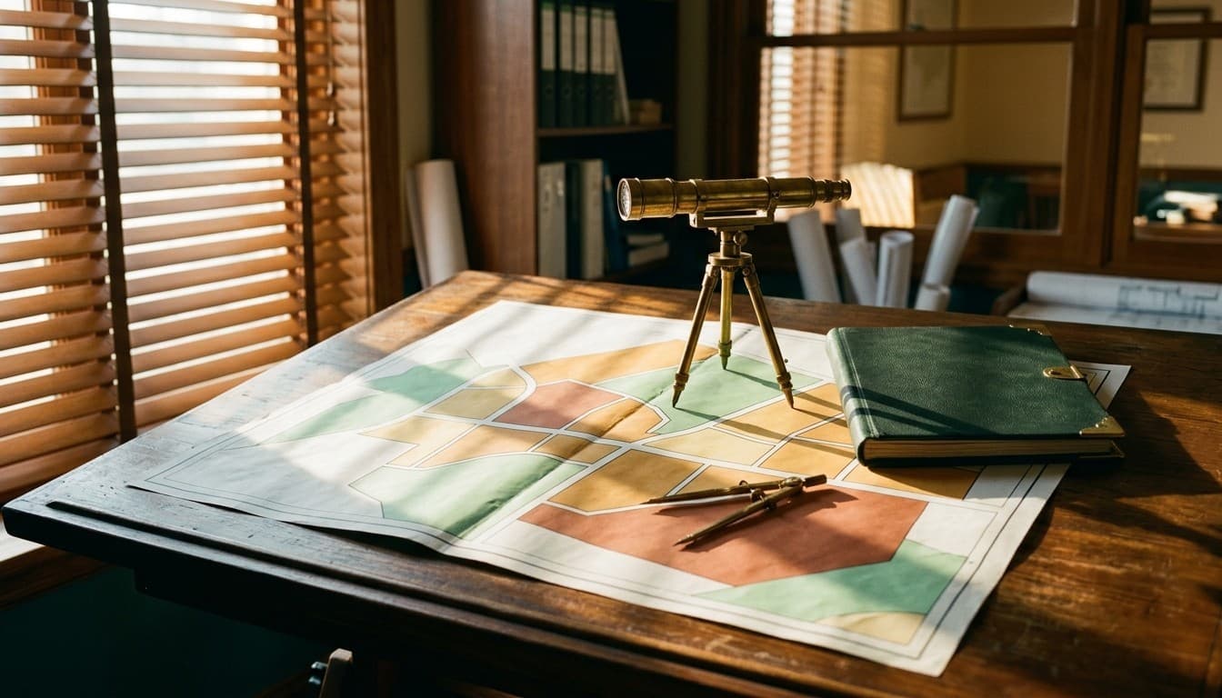 A multi-colored parcel zoning blueprint, miniature brass surveyor level, and leather folder on a teak drafting desk.
