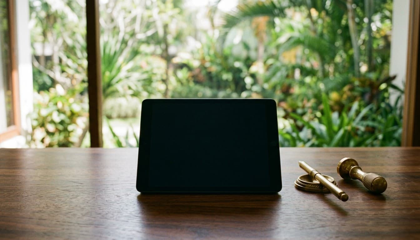 Editorial 35mm photograph of a sleek dark tablet, brass stylus, and brass seal stamp on a dark walnut desk