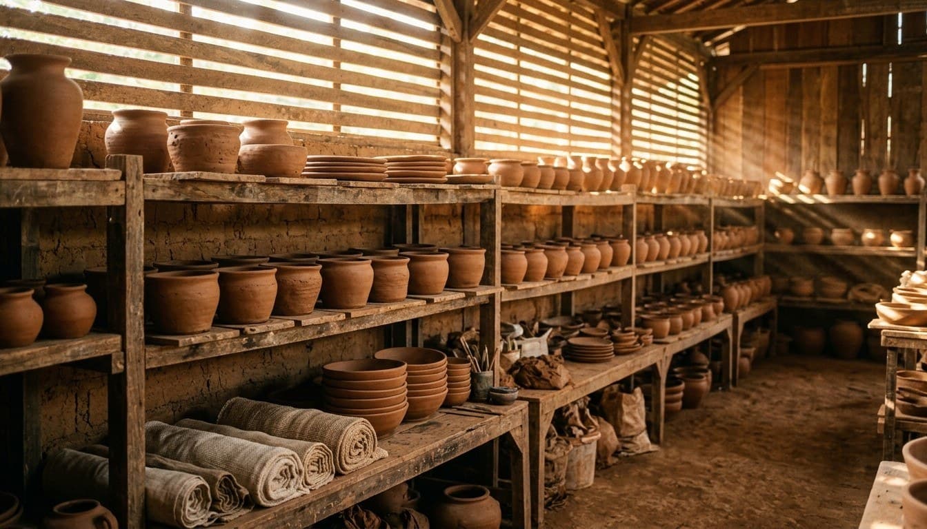 An Indonesian artisan ceramic studio with rows of handcrafted terracotta pots drying on rustic timber shelves in slanting sunlight.