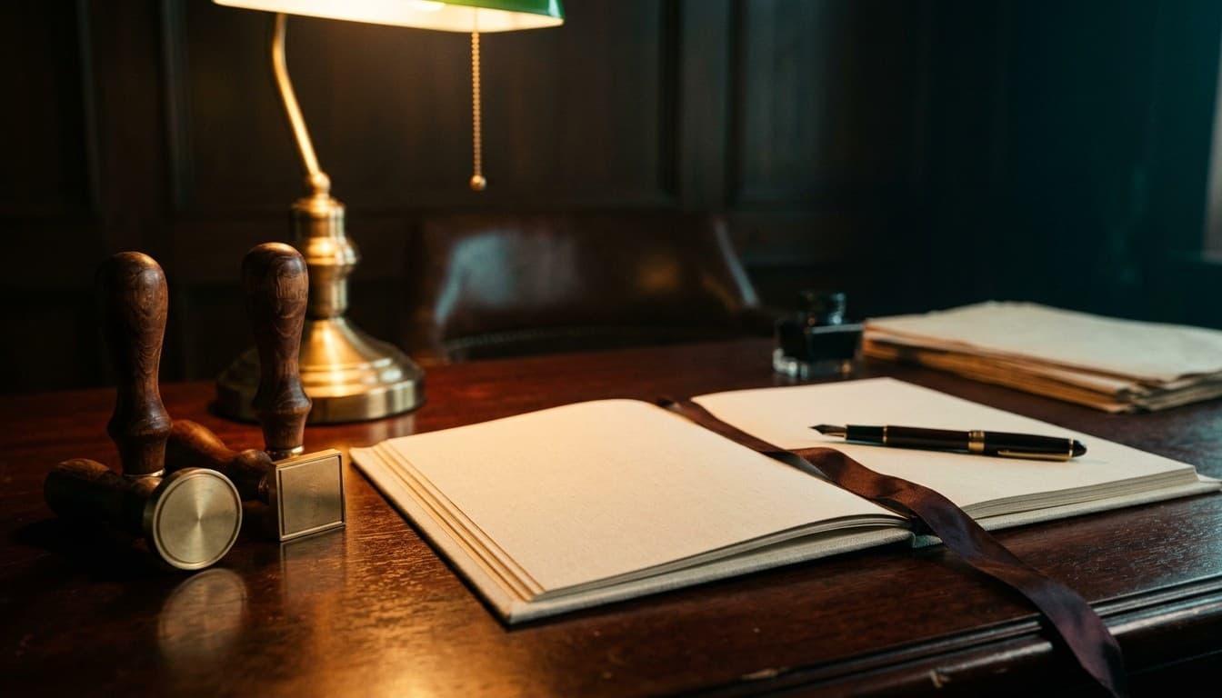 Cinematic photograph of blank brass wax seal stamps, an open notebook with ribbon, and fountain pen under a banker's lamp