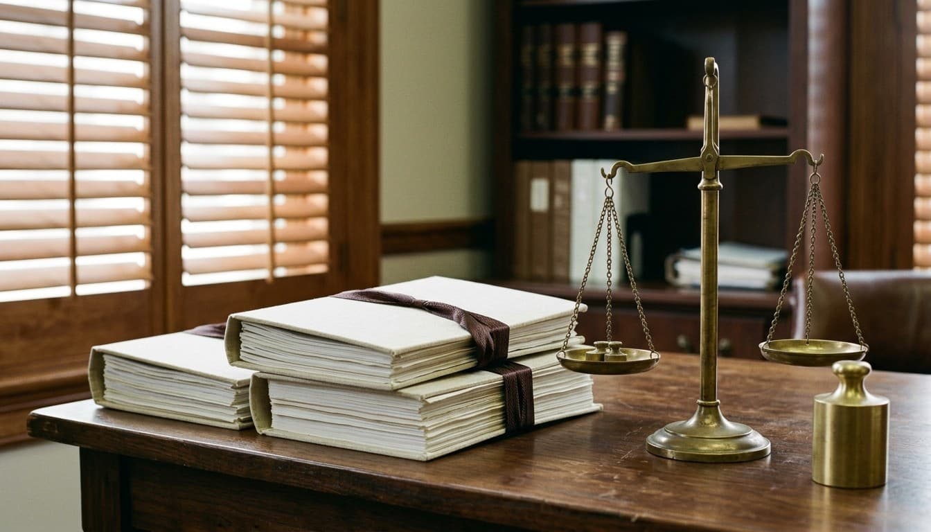 Editorial 35mm photograph of stacked cream legal binders tied with ribbon and a brass balance scale on a walnut desk