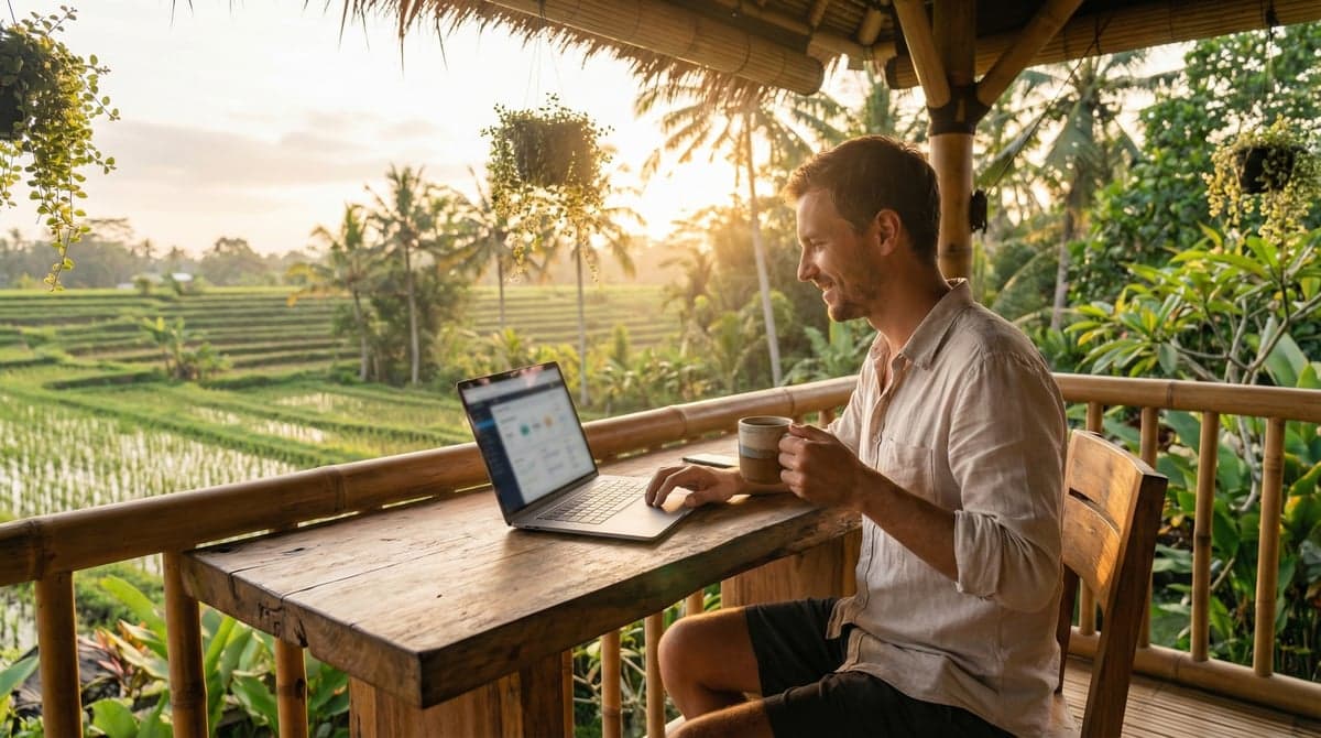Expat working remotely in Bali with laptop overlooking rice terraces