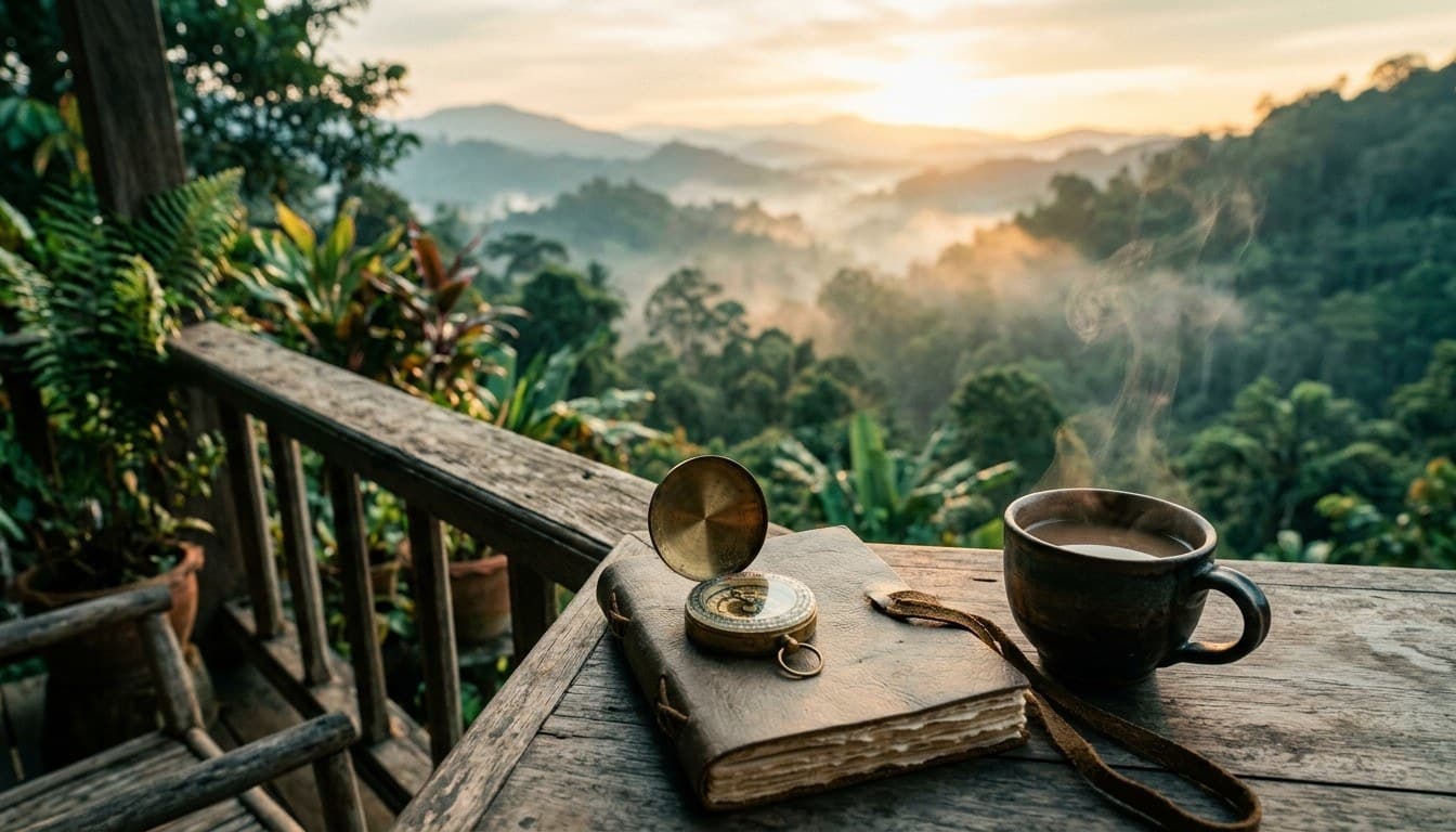 A brass pocket compass resting on a blank leather travel journal with coffee on a wooden balcony overlooking misty tropical jungle hills.