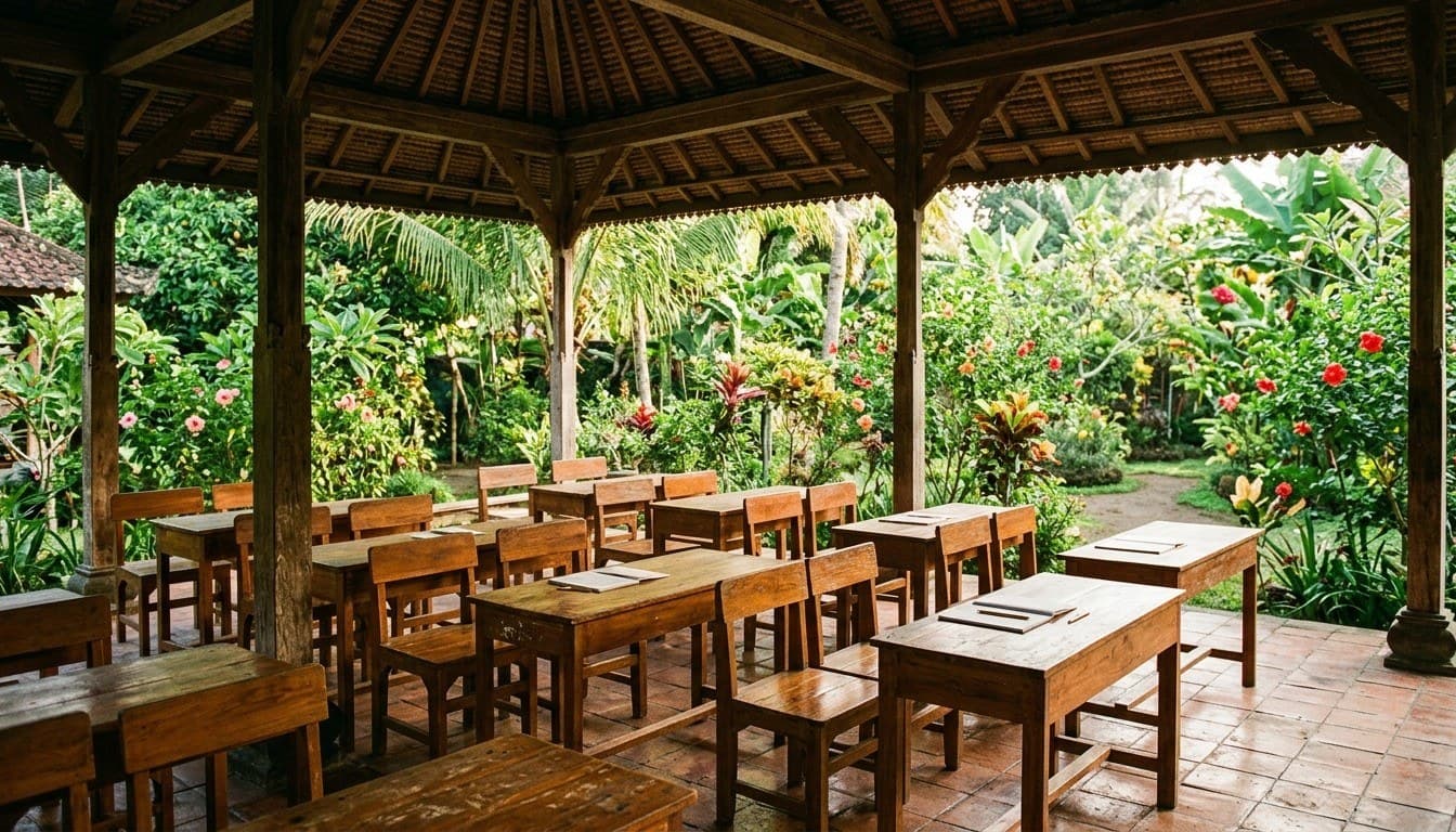 Teak student desks on an open-air schoolroom veranda surrounded by lush tropical gardens with hibiscus flowers in Indonesia.