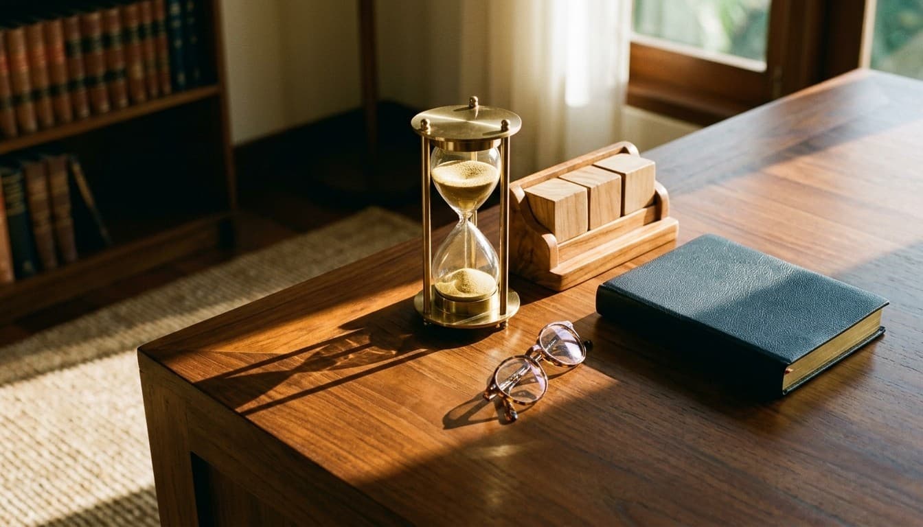 A brass hourglass with equal golden sand, unnumbered wooden blocks, and a dark ledger on a teak study desk.
