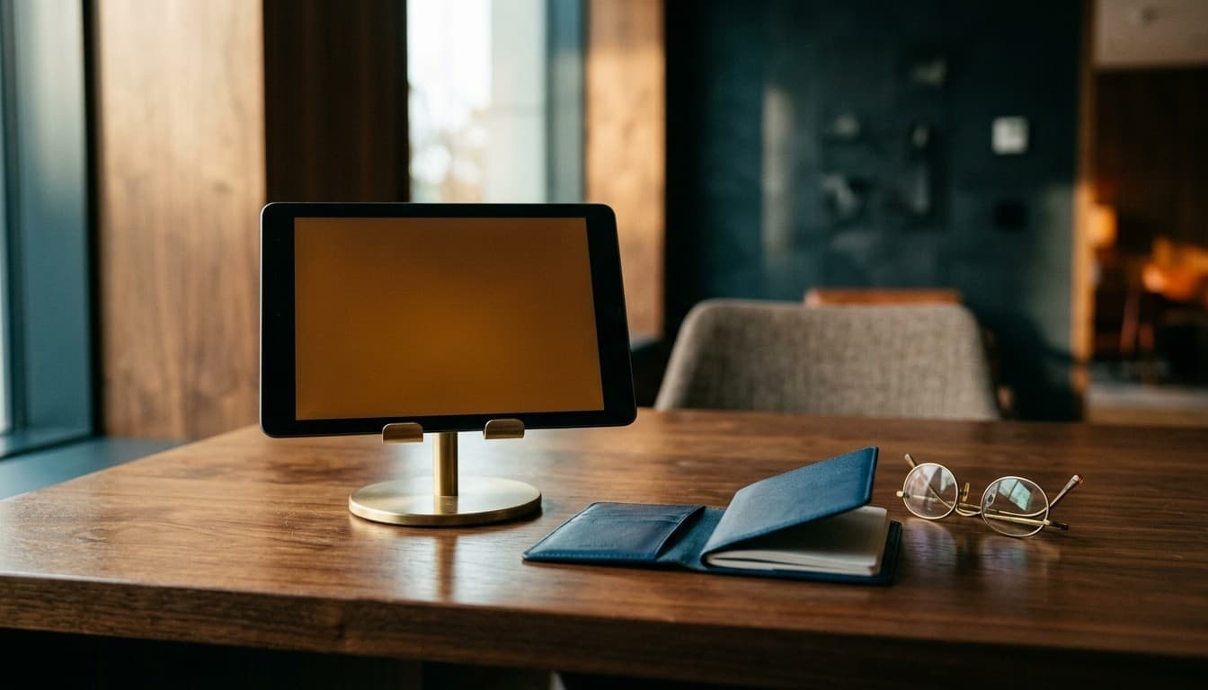 Editorial 35mm photograph of a sleek tablet with glowing screen, blank passport holder, and glasses on a walnut desk