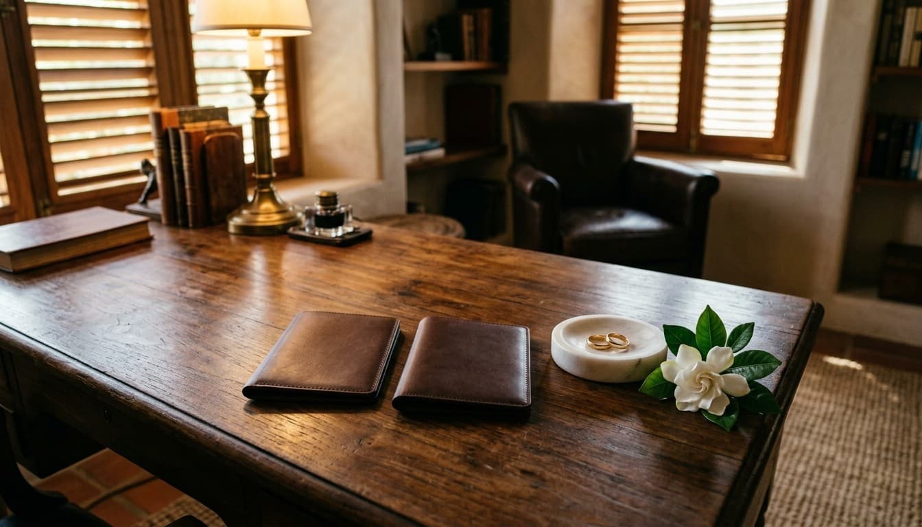 Editorial photograph of two leather passport cases, gold rings in a marble dish, and a gardenia flower on a study desk