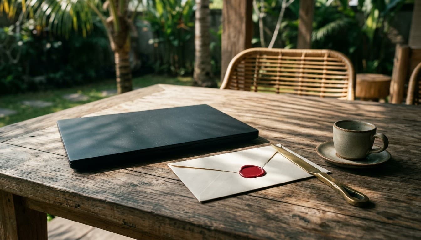 Cinematic photograph of a closed black laptop, wax-sealed cream envelope, and brass letter opener on a teak veranda
