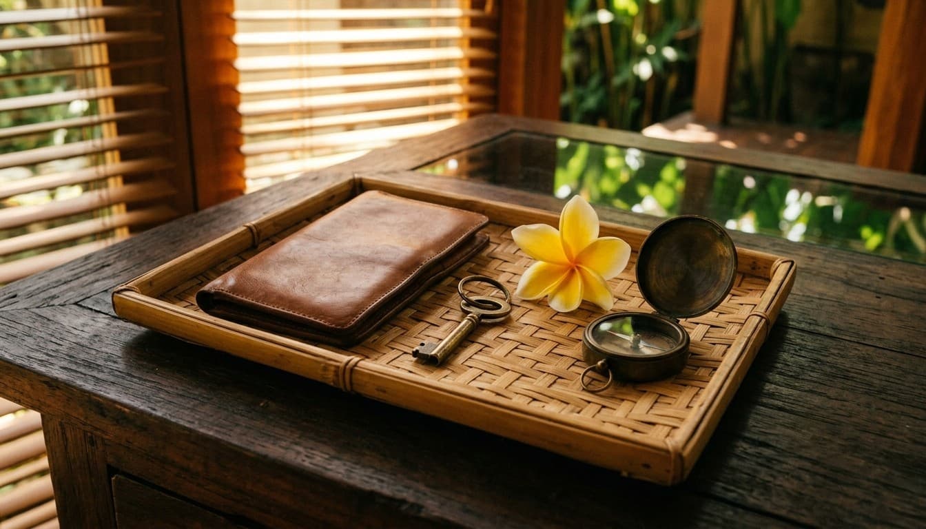 Editorial documentary photograph of a bamboo tray with leather passport case, frangipani flower, brass key, and compass