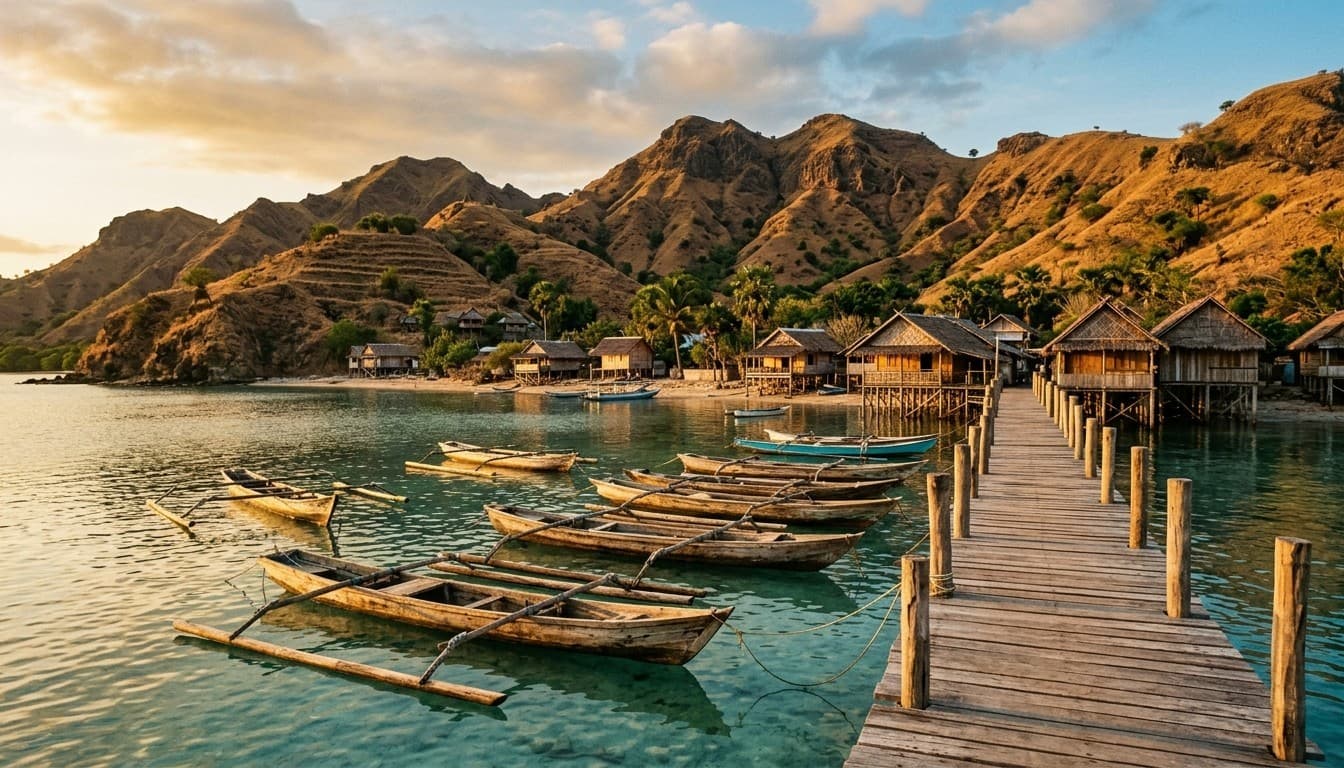 Editorial 35mm photograph of wooden canoes and a stilt village on the turquoise coastline of Komodo Island at sunset