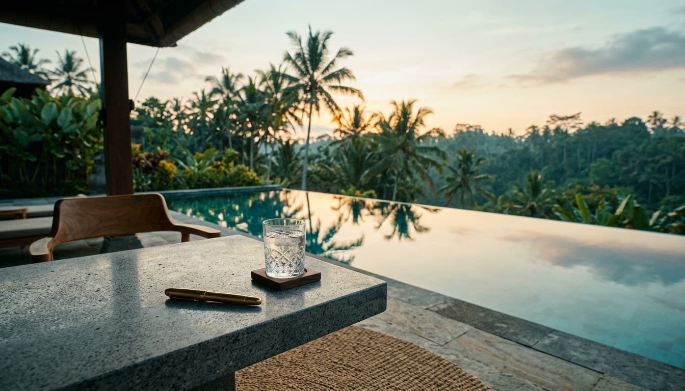 A stone terrace table with a brass pen and crystal glass overlooking an infinity pool and tropical jungle at dawn.
