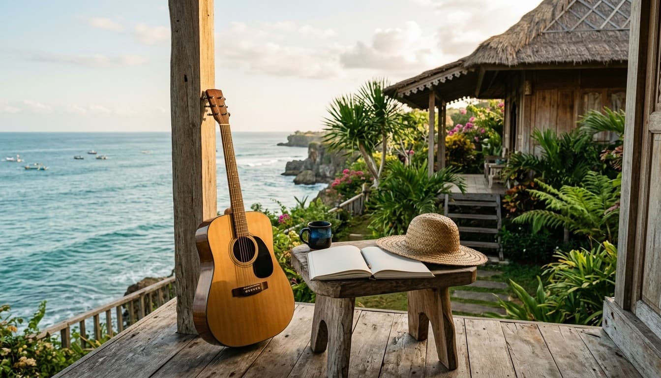 An acoustic guitar, ceramic mug, and linen sketchbook on a quiet coastal terrace overlooking the ocean.