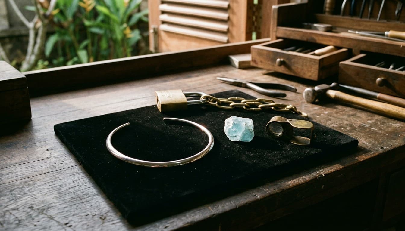 A silver torque necklace and raw aquamarine gem on black velvet locked with a brass padlock.