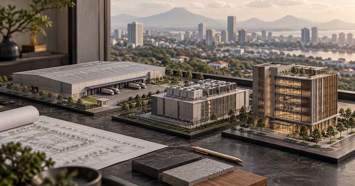 Conceptual architectural models of a warehouse, data centre and office building on a planning table