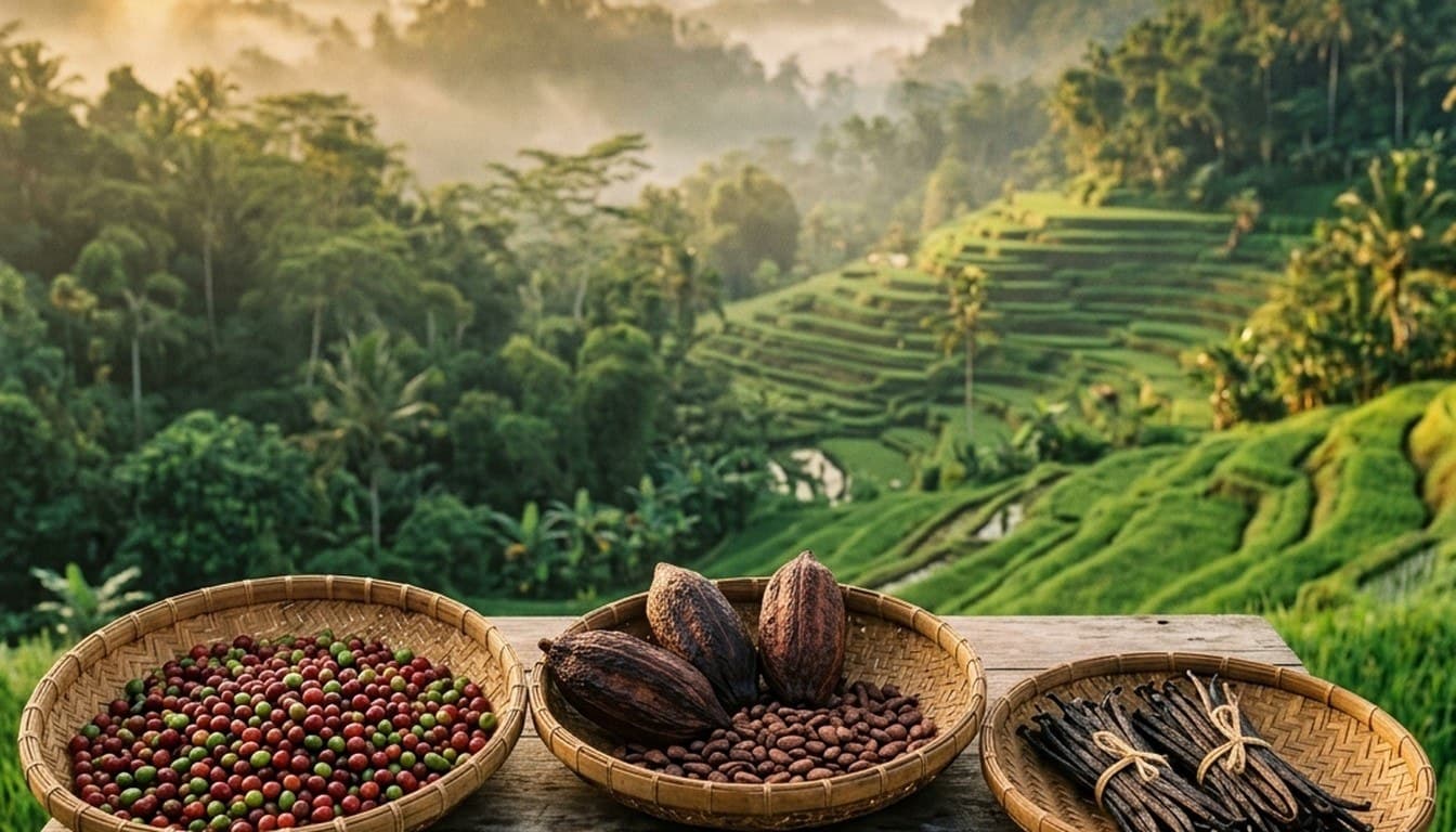 Handwoven bamboo baskets filled with freshly picked coffee cherries and cacao beans overlooking Bali rice terraces.