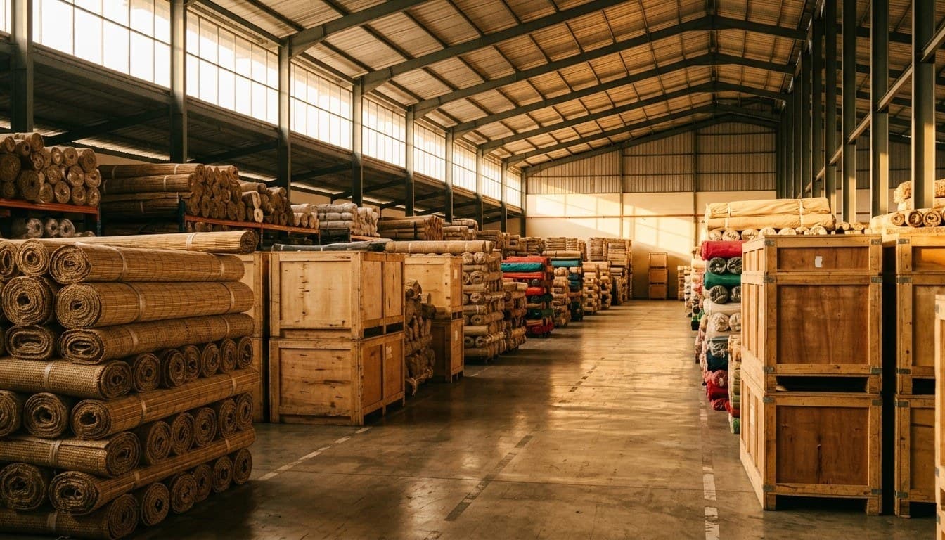 A commercial wholesale warehouse with stacked wooden shipping crates and rolled natural textiles in slanting afternoon light.