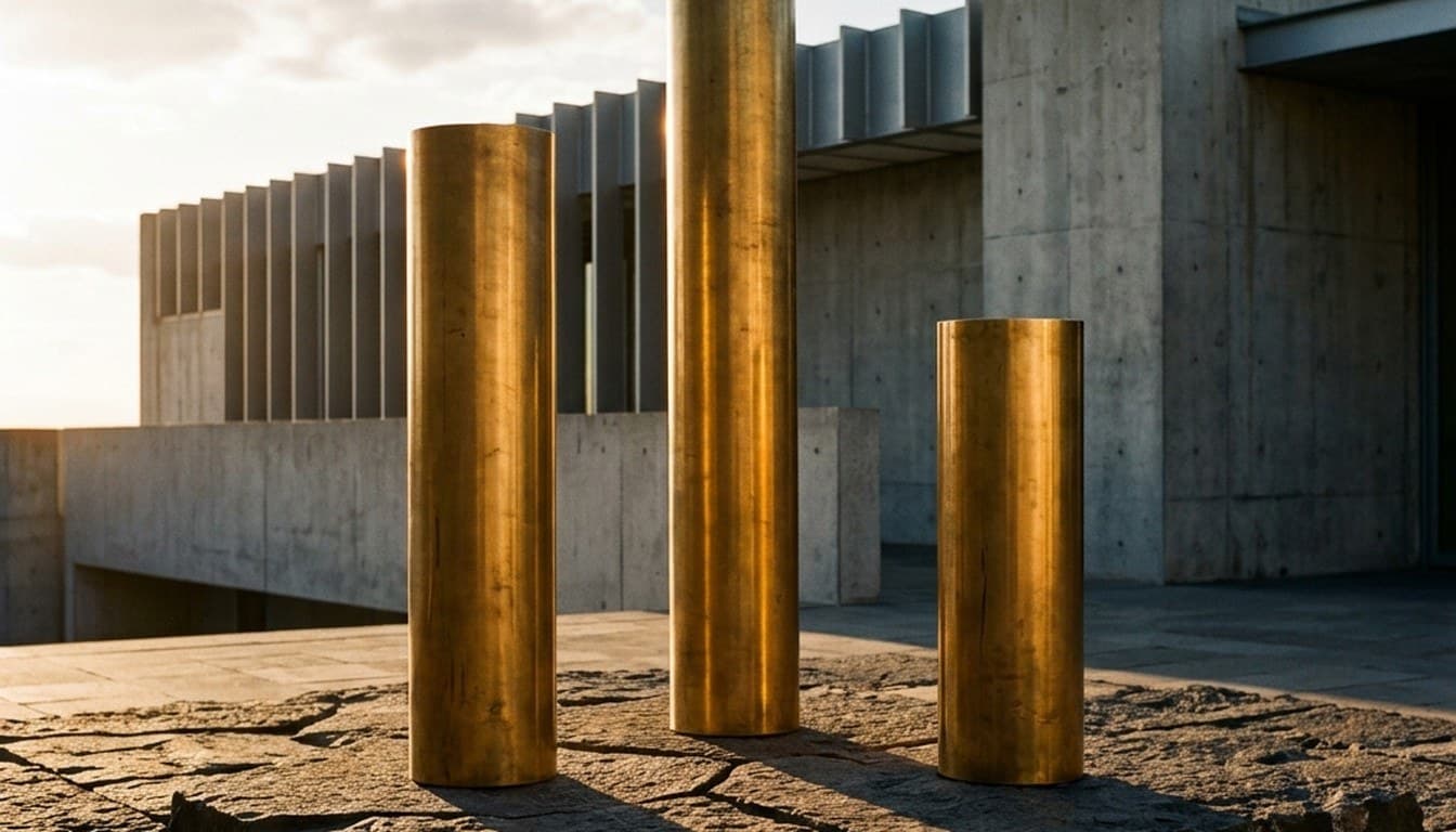 Three solid brass cylindrical plinths of ascending heights standing on a slab of grey volcanic stone.