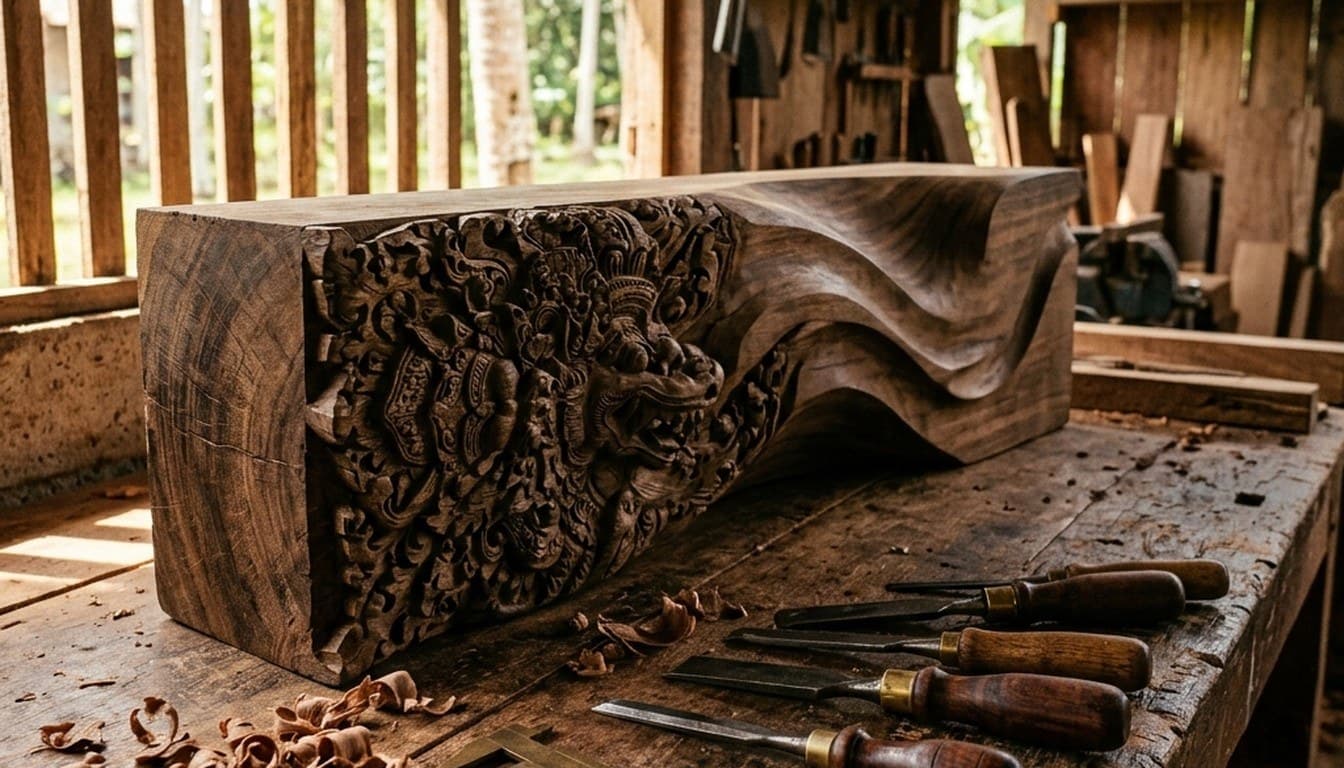 A half-carved block of suar wood transitioning from ornate relief to smooth geometry beside woodworking chisels.