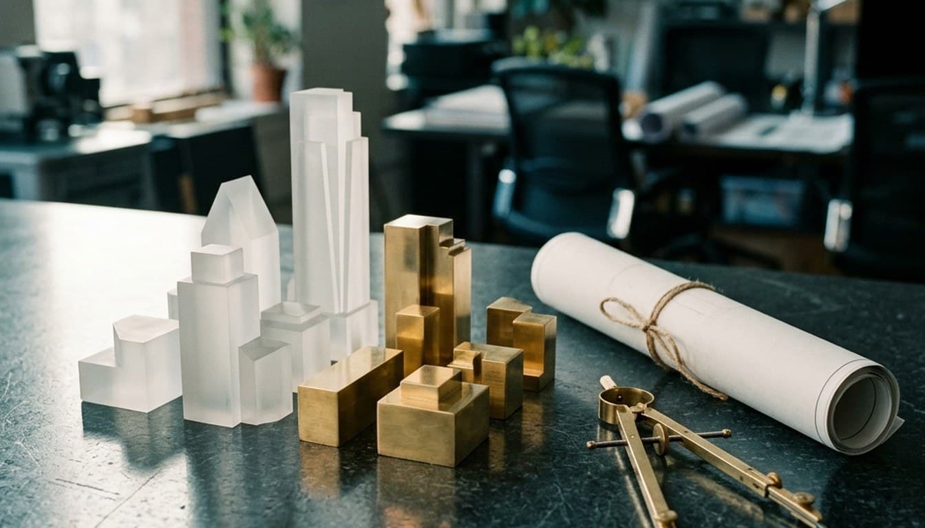 Miniature brass and frosted acrylic architectural massing blocks arranged on a dark granite planning table.