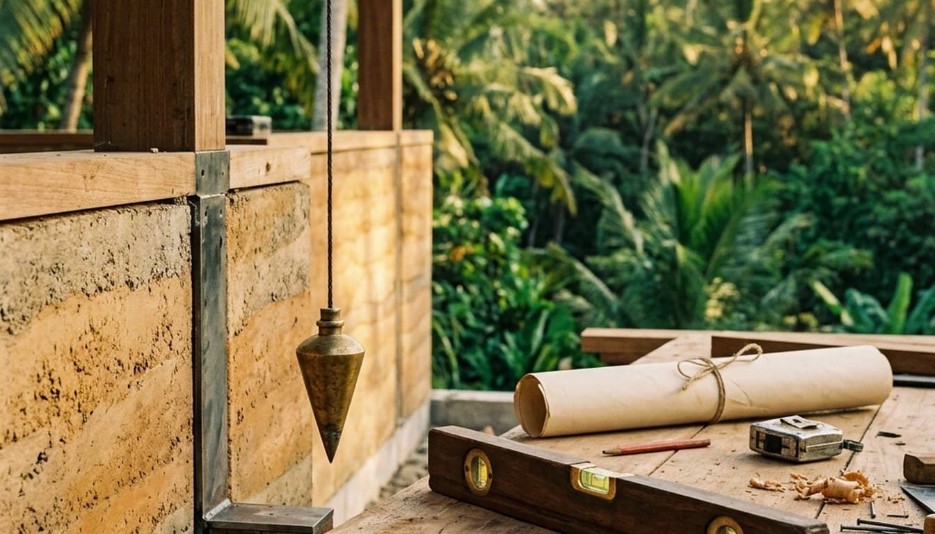 A brass plumb bob and wooden spirit level on a builder's workbench overlooking a villa construction framework.
