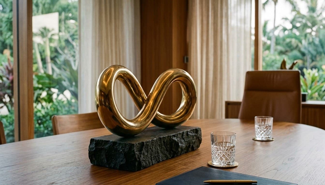 A polished brass mobius sculpture on a dark stone pedestal on an executive boardroom table overlooking tropical greenery.