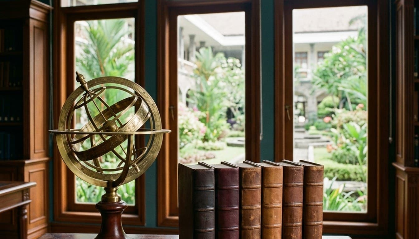 A brass desktop globe and leather-bound books on a library table overlooking an academy courtyard.