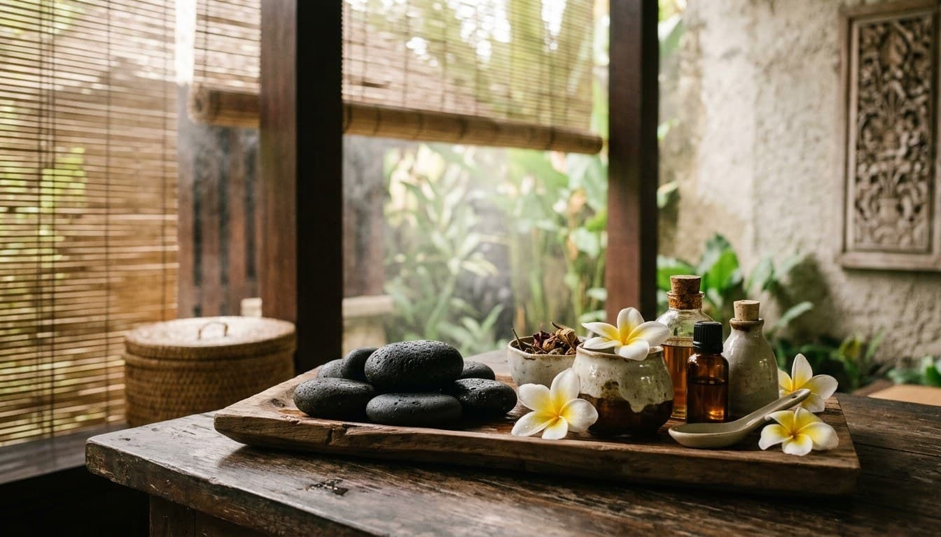 Dark volcanic basalt massage stones, herbal oil bottles, and white frangipani flowers on a wooden tray in a Bali wellness spa.