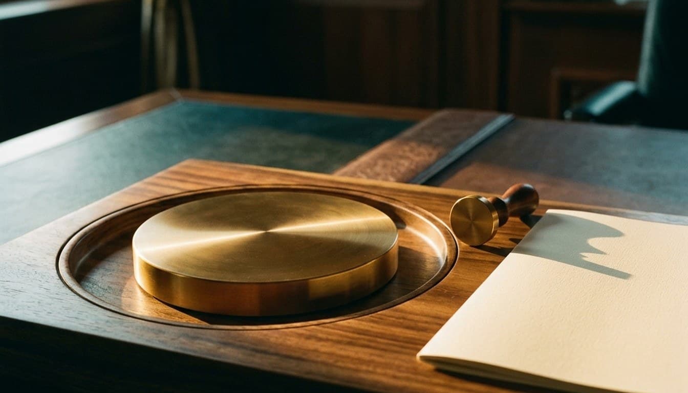 A solid polished brass disc fitted into a carved dark wood ring on an executive desk, symbolizing complete ownership.