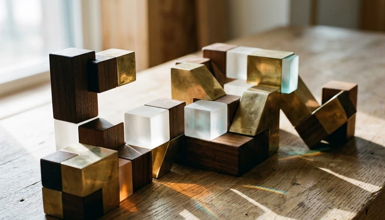 Interlocking modular geometric blocks of teak, brass, and frosted glass on a sunlit designer desk.