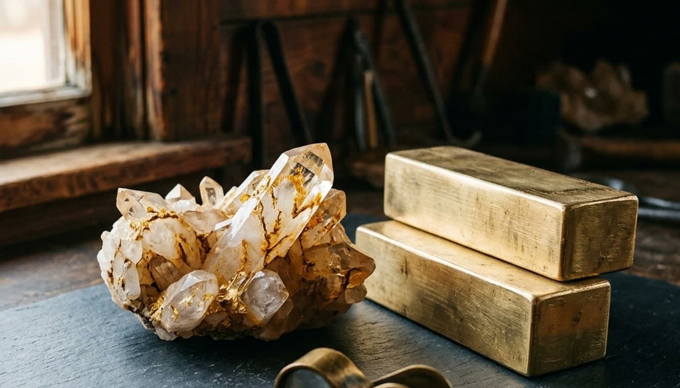 Golden quartz crystal and solid brass ingots on a dark slate worktable beside a brass loupe.