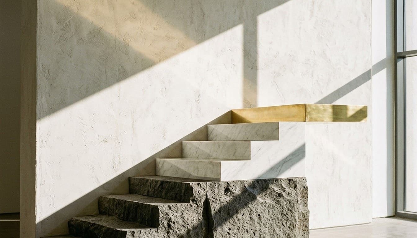 Sculptural architectural steps of basalt, marble, and brass ascending in raking morning sunlight.