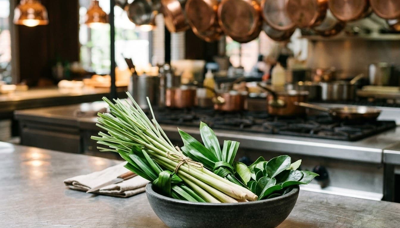 Fresh lemongrass stalks, knotted pandan leaves, and lime leaves arranged on a stainless steel culinary counter.