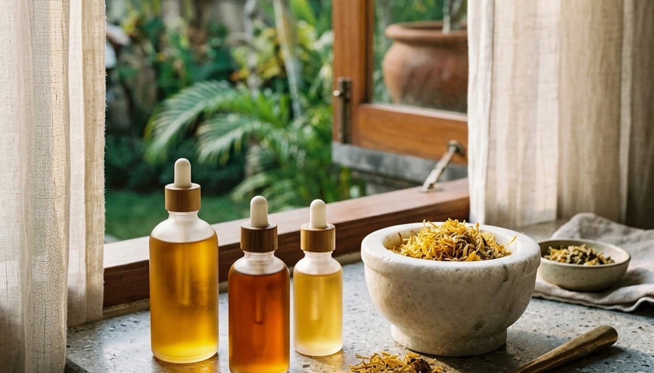 Frosted glass botanical oil dropper bottles and a marble mortar with calendula petals on a terrazzo counter.