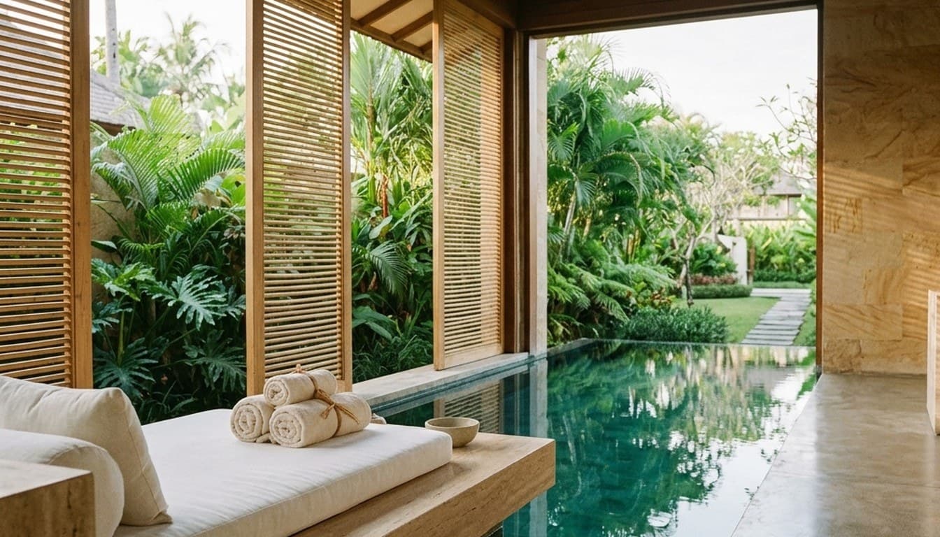 A tranquil luxury wellness retreat pavilion with smooth travertine daybed beside a serene reflecting pool in Sanur.