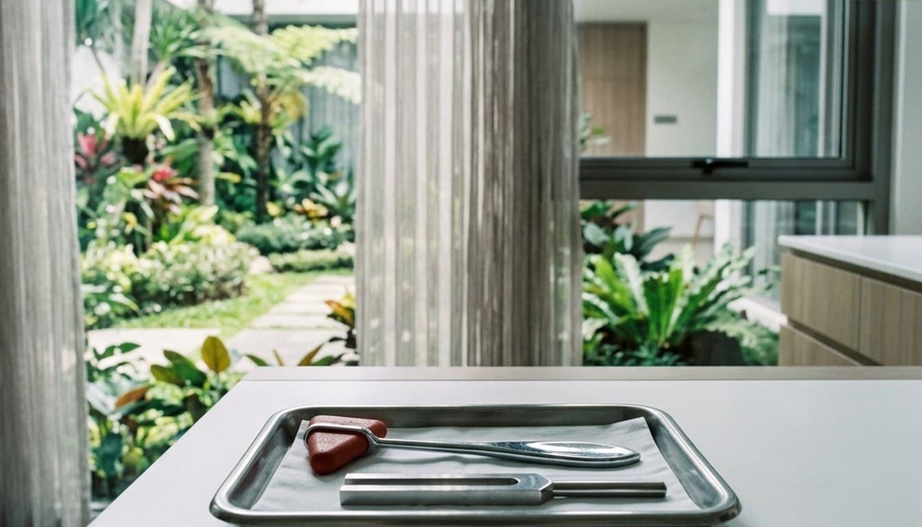 Precision diagnostic medical instruments resting on a white corian counter in a sunlit modern clinic.