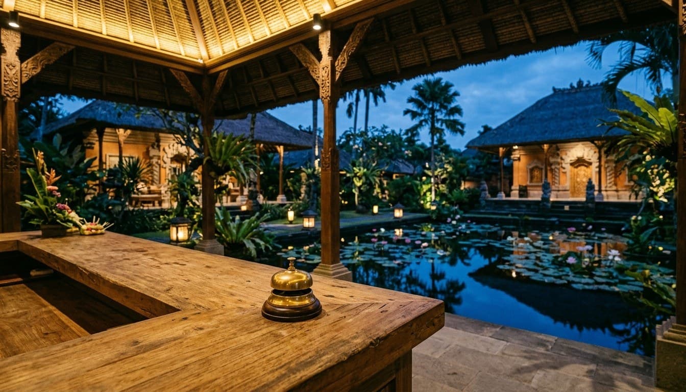 A solid teak reception counter with a brass concierge desk bell overlooking a serene resort lotus pond courtyard at dusk.